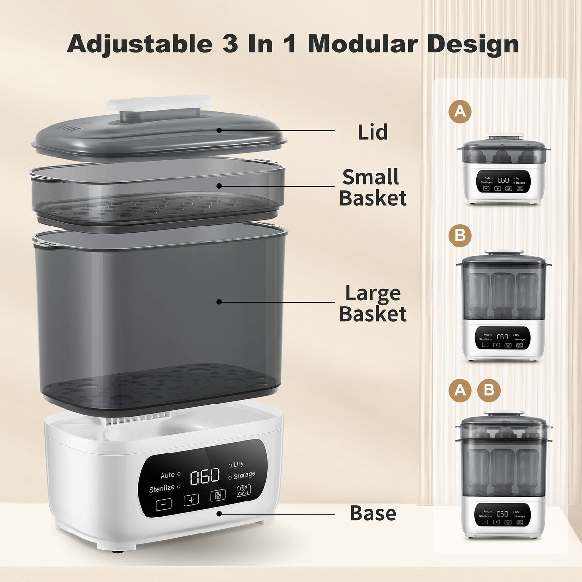 Modular Baby Bottle Steamer and Dryer with LED Touch Screen and Auto Shut-Off, Electric Countertop Care for Compatible Bottles and Pump Parts