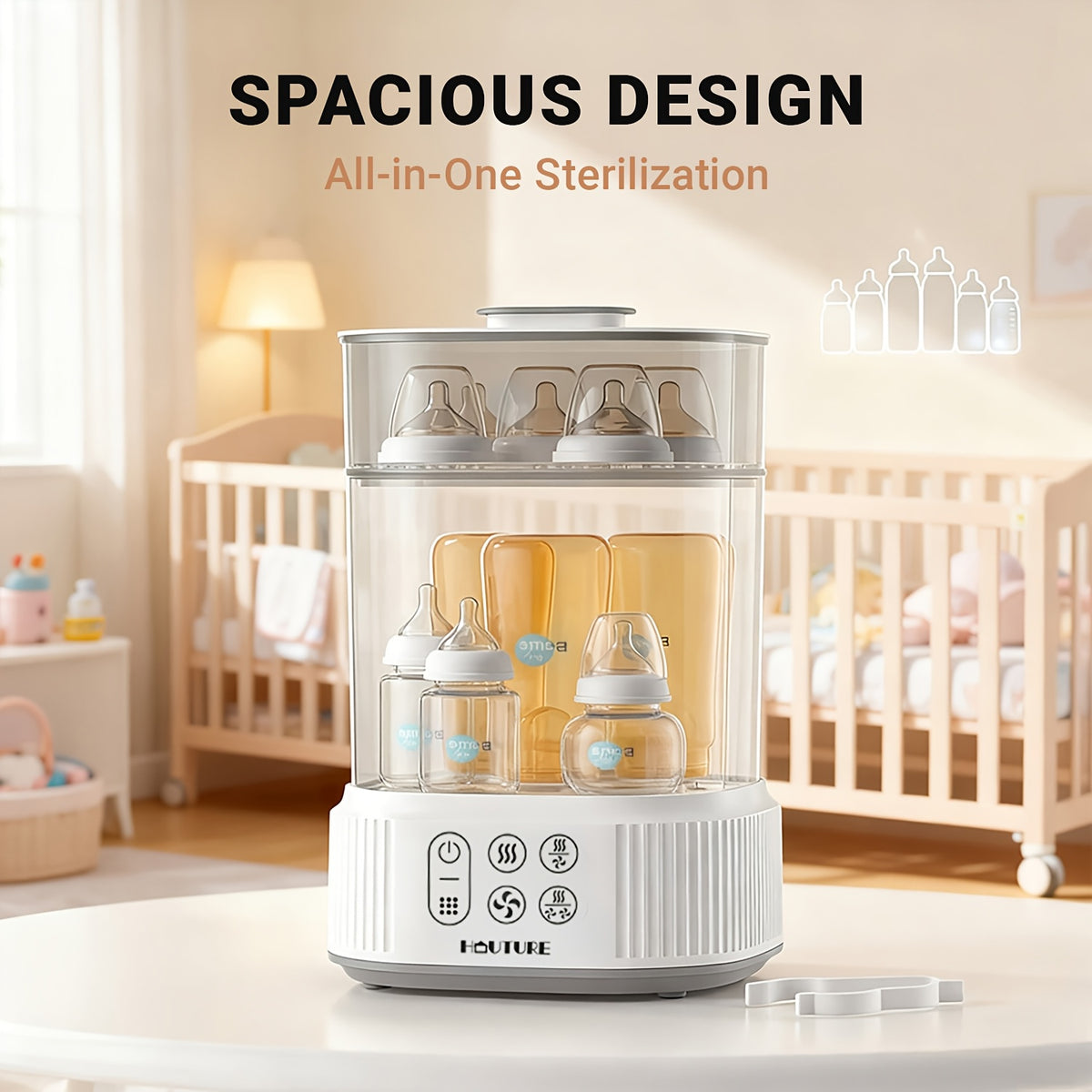2-Tier Large Capacity Electric Bottle Sterilizer and Dryer, Steam Sterilization Kills 99.9% of Germs, Universal Fit for Breast Pump Parts, Glass and Plastic Baby Bottles, Auto Shut-Off, Great Gift