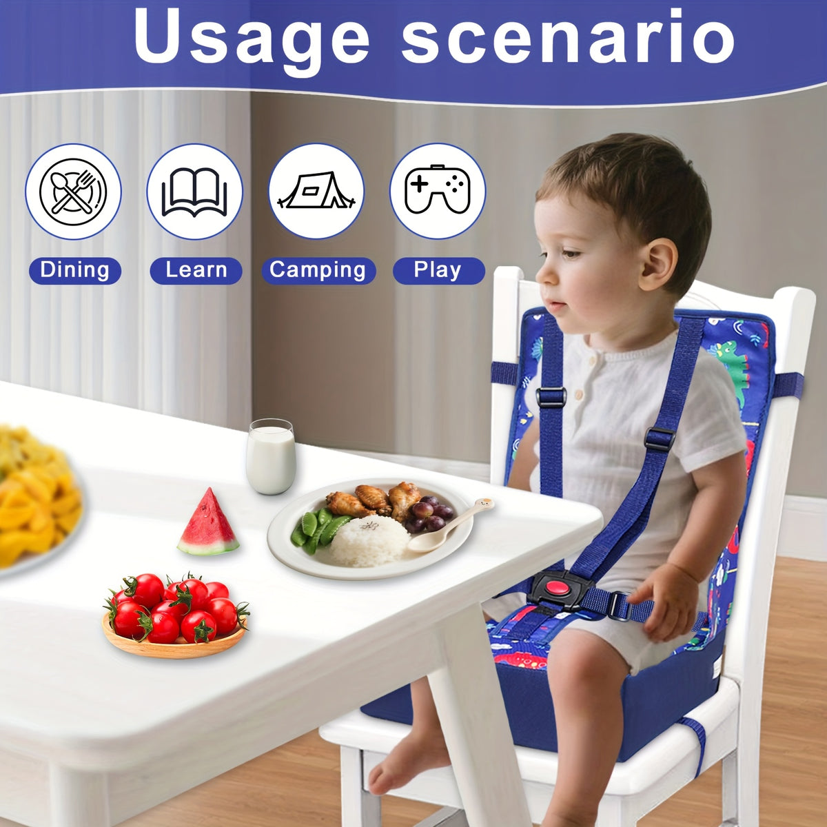 Kids Dining Chair Cushion with Backrest and Adjustable Straps, Foldable Oxford Cloth Seat Pad with Removable Washable Cover for Home and Travel