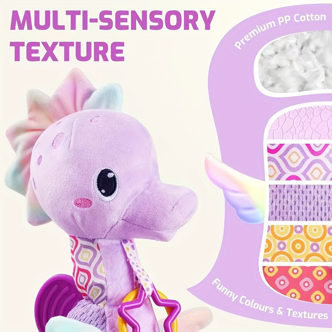 Seahorse Sensory Baby Toy with Crinkle and Rattle Textures, Soft Musical Stuffed Animal for Supervised Tummy Time and Newborn Gifts