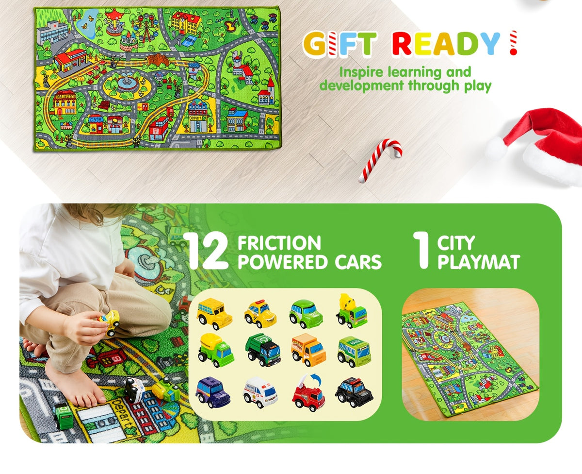 Pull-Back Car City Play Rug Set, 12 Friction-Powered Vehicles with a 58.5 Γ 31.5-Inch Road Map Carpet for Pretend Play, Ages 3+