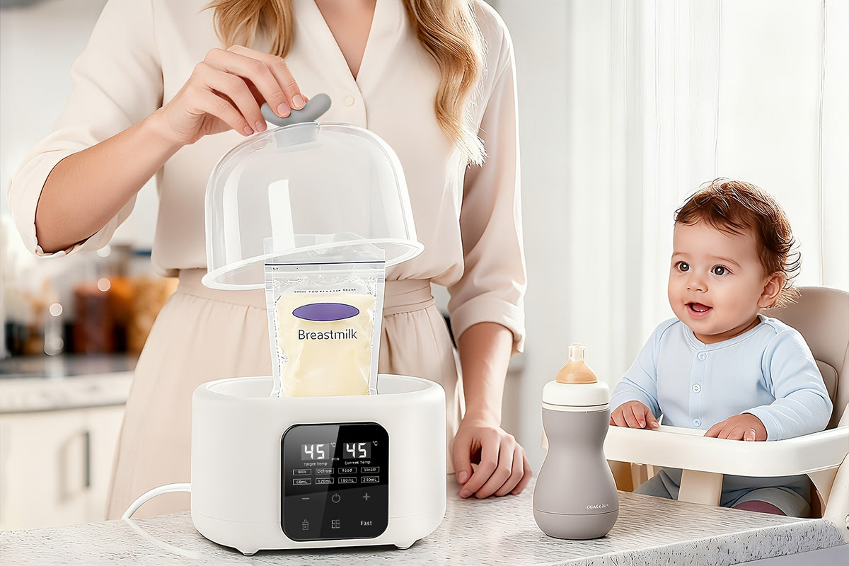 Digital Baby Bottle Warmer 6-in-1 with Timer and Adjustable Temperature, White Countertop Milk Heater with Defrost, Keep Warm and Food Jar Warming