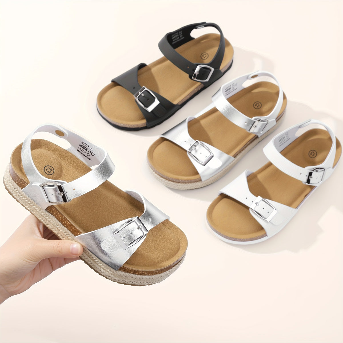 Kids Cork-Style Beach Sandals with Buckle, Lightweight Slip-On Summer Shoes in White, Black or Silvery Grey for Little Kids and Big Kids