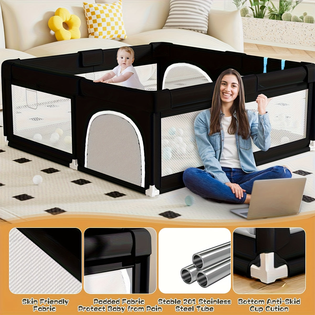 47 x 47 Inch Baby Playpen for Indoor and Outdoor Activity, Black Mesh Play Yard Fence for Babies and Toddlers with Soft Fabric Sides