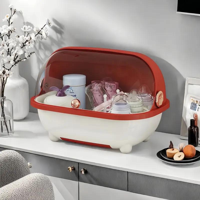 Baby Bottle Storage Box with Lid and Removable Drying Rack, Clear Countertop Organizer for Bottles, Nipples and Feeding Utensils in Three Colors