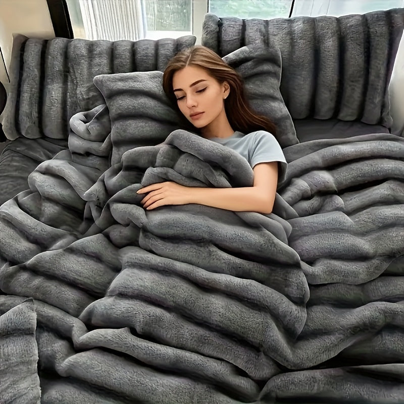 Striped Faux Rabbit Fur Throw Blanket with Flannel Back, Double-Sided Sofa and Bed Cover in Throw, Twin XL, Queen or King Sizes and Multiple Colors