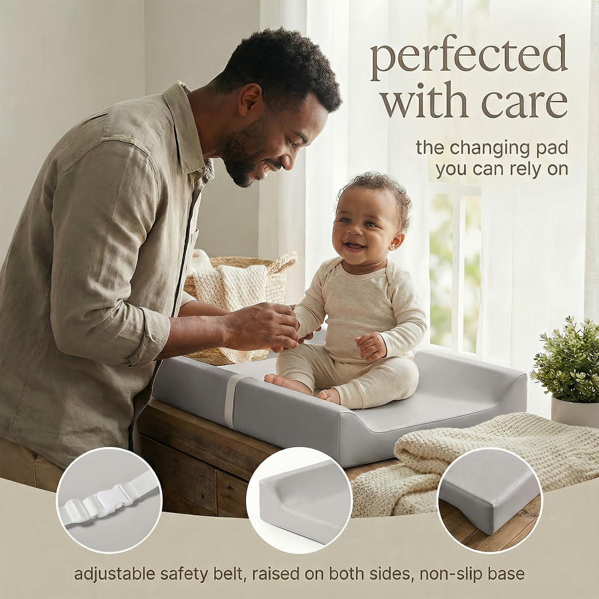 Contoured Dresser Changing Pad by PASAMIC, 15.74 x 31.1-Inch Waterproof Wipeable Baby Diaper Mat with Secure-Grip Design in Grey, Beige or Pink
