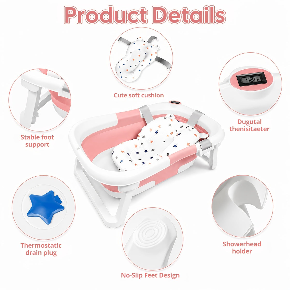Baby Bathtub with Thermometer and Soft Cushion, Collapsible Infant-to-Toddler Bath Tub for 0 to 36 Months with Easy-Grip Handles in Five Colors