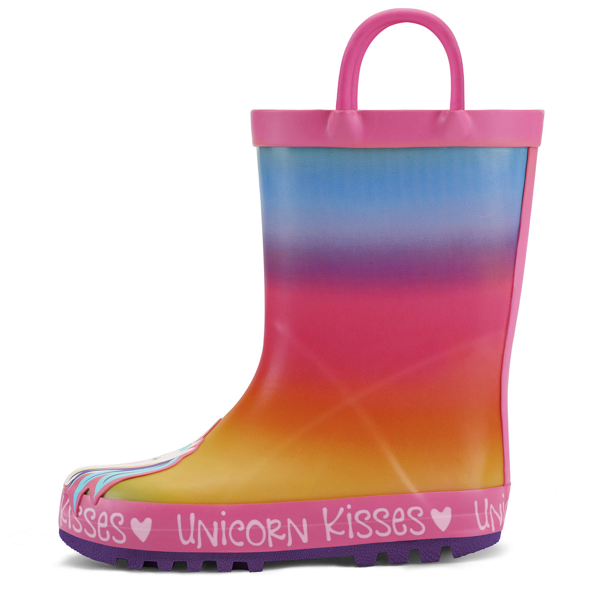 Pull-Handle Kids Rain Boots in PVC, Rainbow Unicorn and Other Color Options with Cartoon Details and Anti-Slip Sole for Toddler to Big Kid Rainy-Day Outings