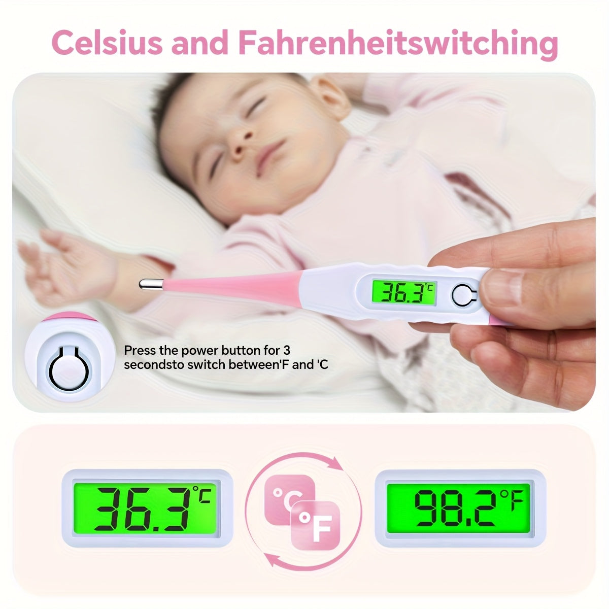 Digital Infant Thermometer 2-Pack with Fever Alert, Curved Probe and LED Display, Oral & Rectal Baby Thermometers in Blue and Pink, Celsius/Fahrenheit Switchable