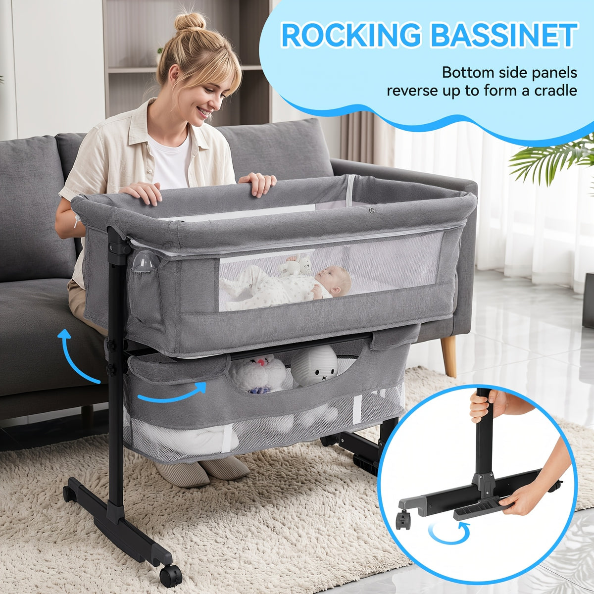 3-in-1 Mesh Bedside Sleeper Bassinet for Baby, Adjustable Infant Crib with Wheels and Storage Basket, 16 lb Frame and 33 lb Listed Infant Weight Limit