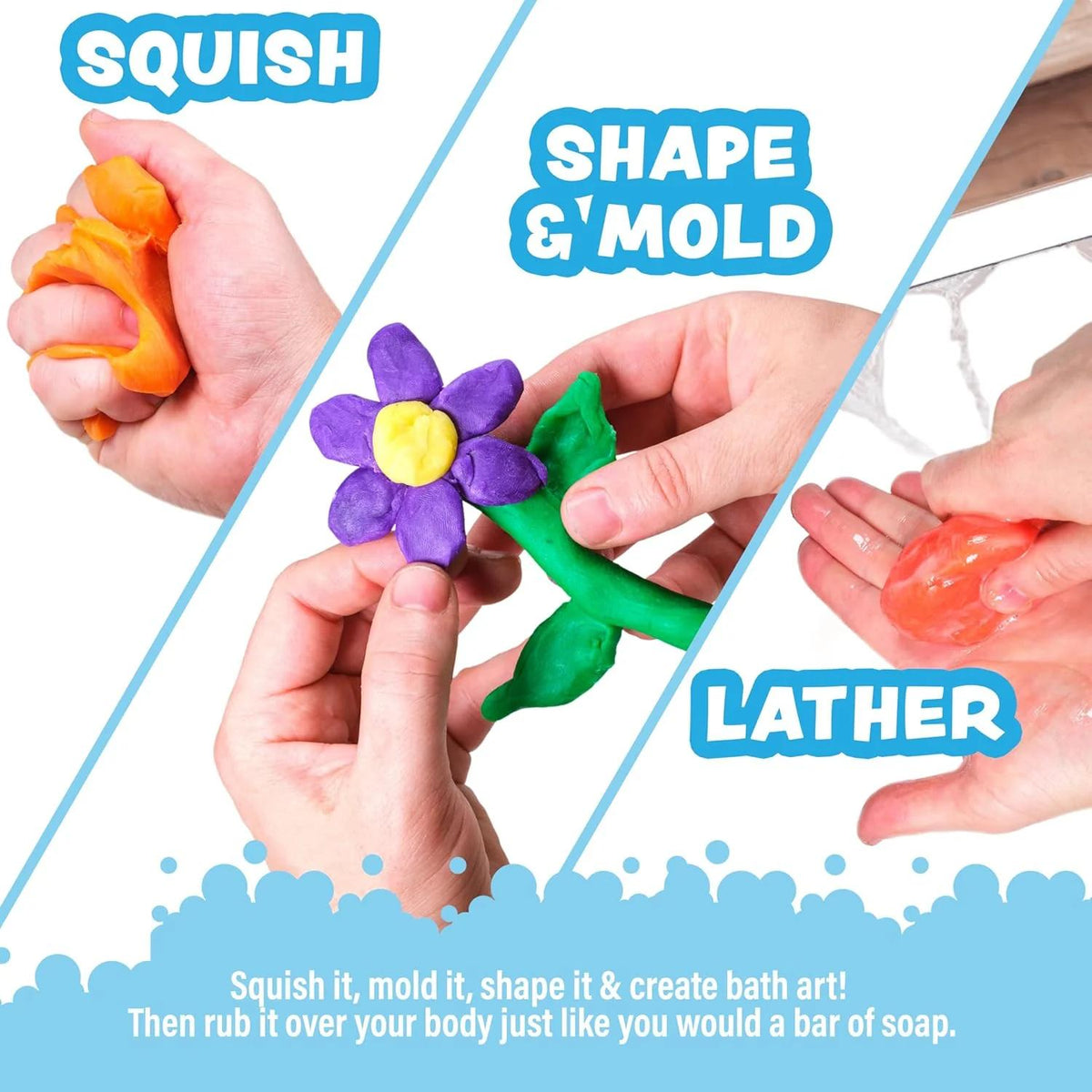 Moldable Kids Bath Soap Dough 6-Pack by Tub Works, Fruity-Scented Colorful Sensory Bath-Time Play with Shea Butter for Ages 3+