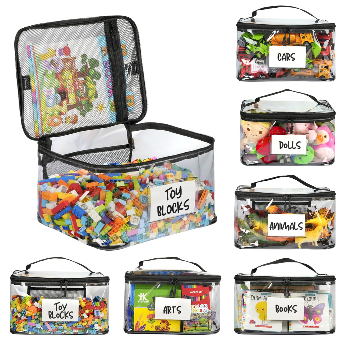 Clear Toy Storage Bags 6-Pack with Zippers and Labels, Reusable TPU Organizers for Building Blocks, Puzzles, Dolls and Board Games at Home or Away