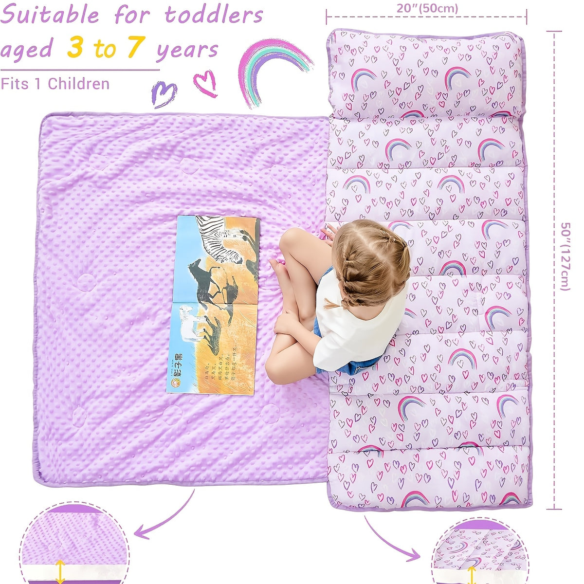 Kids Nap Mat with Pillow and Blanket for Preschool Daycare, Roll-Up Slumber Mat for Boys and Girls, Colorful Prints for Travel and Rest Time