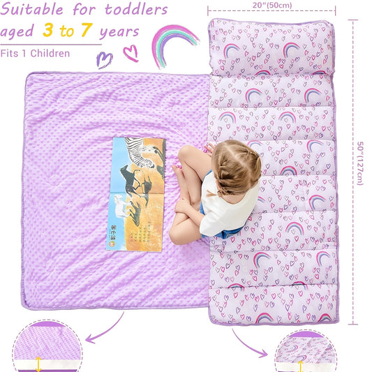 Kids Nap Mat with Pillow and Blanket for Preschool Daycare, Roll-Up Slumber Mat for Boys and Girls, Colorful Prints for Travel and Rest Time
