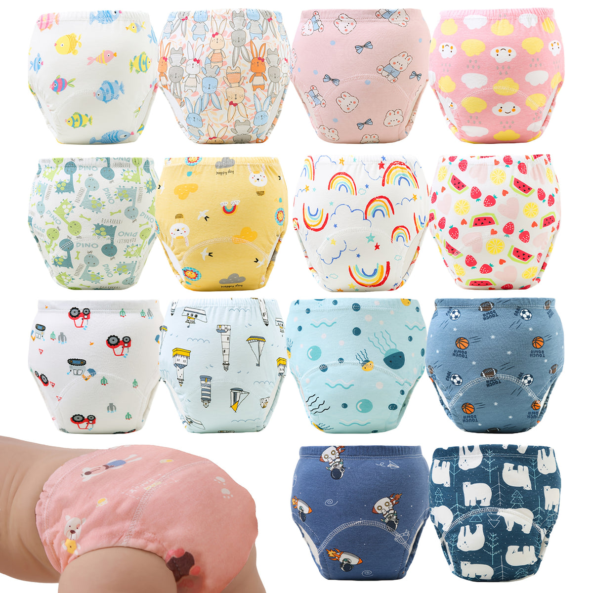 Cotton Toddler Diaper Training Pants 6-Pack with Underwater World or Pink Bunny Prints, Washable Reusable Absorbent Learning Underwear in Weight-Based Sizes