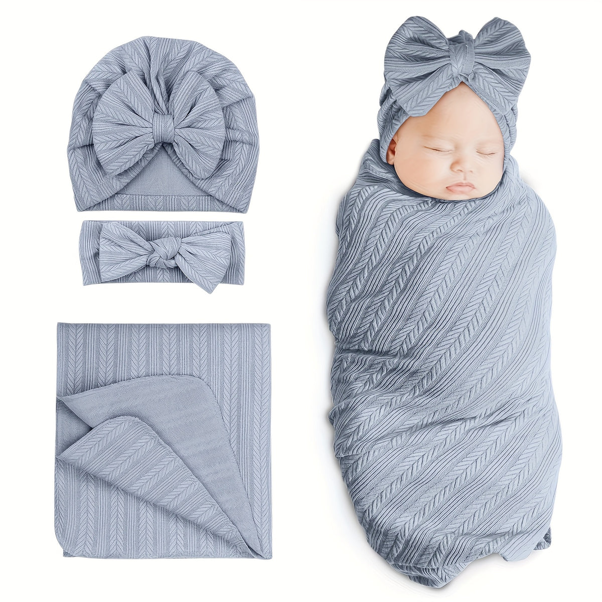 Baby Swaddle Blanket Gift Set with Matching Hat and Bow Headband, 3-Piece Newborn Wrap Accessories for Girls and Boys in Four-Season Colors