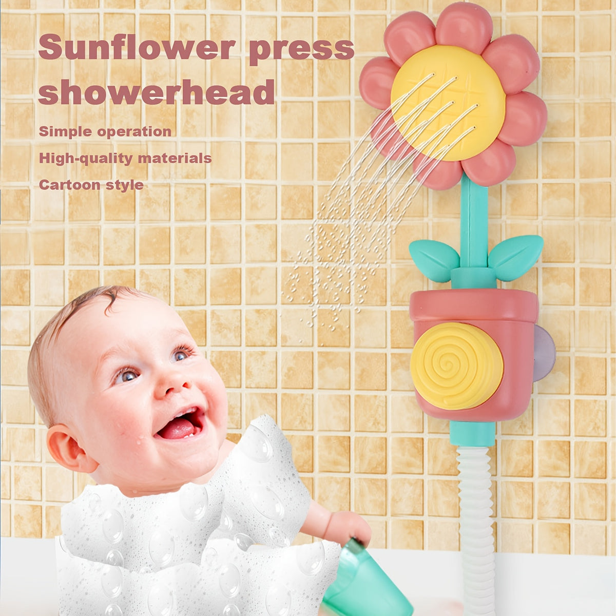 Sunflower Bath Toy with Spinning Spray Head, PVC Flower Water Play Spout in Red or Yellow for Supervised Kids Bathtub Play and Bath-Time Fun