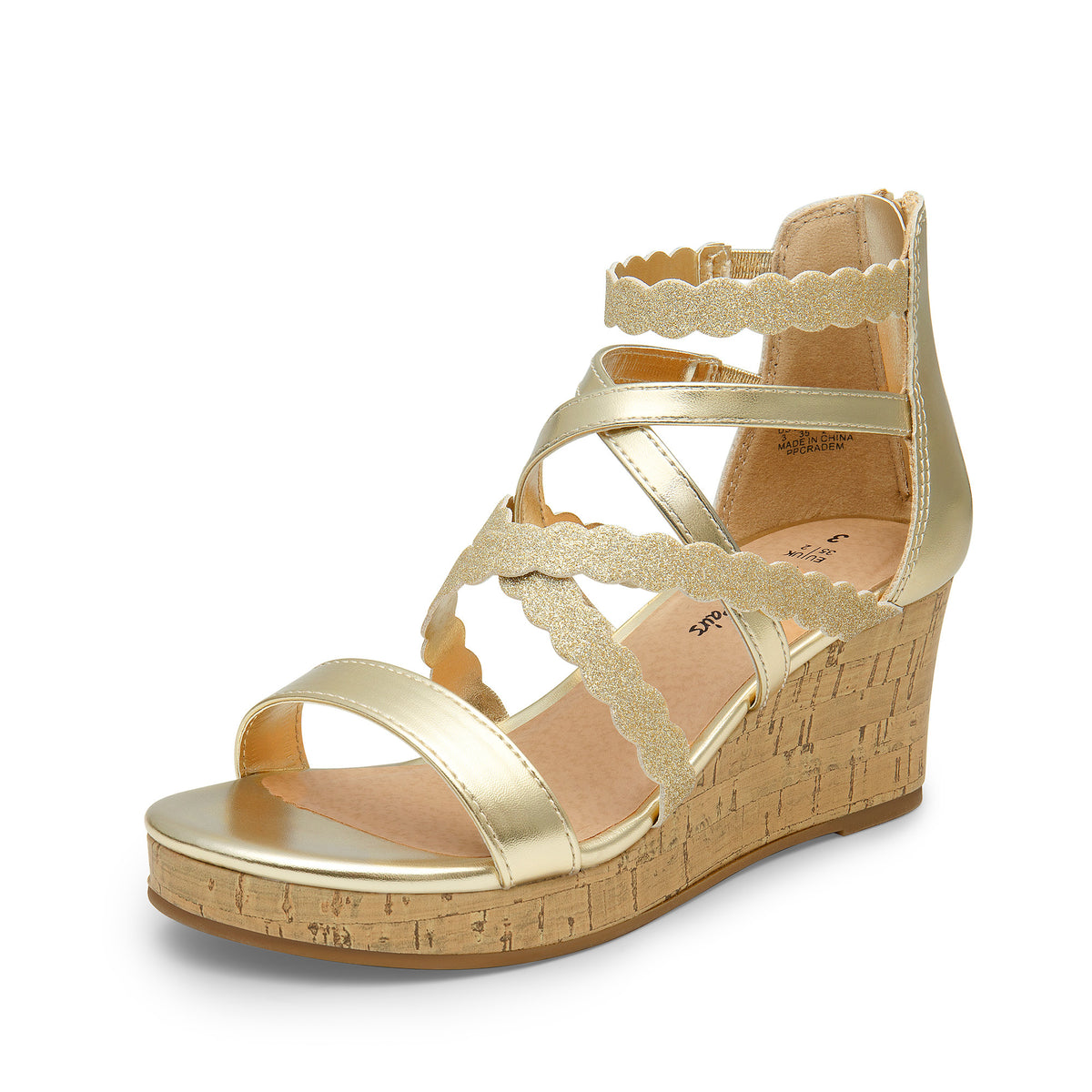 Girls Wedge Dress Sandals with Flower Detail and Shimmering Straps, Open Toe Zip-Back Party and Wedding Shoes for Little Kids and Big Kids