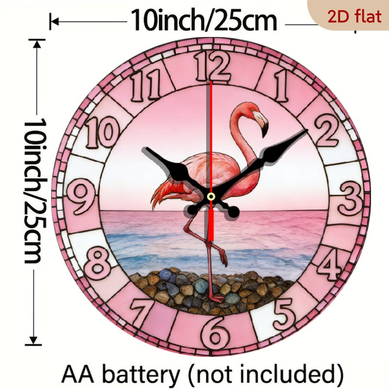 Flamingo Nursery Wall Clock 10 Inch with Pink Sunset Beach Print, Silent Non-Ticking 2D Flat Round Clock for Coastal Kids Room Decor