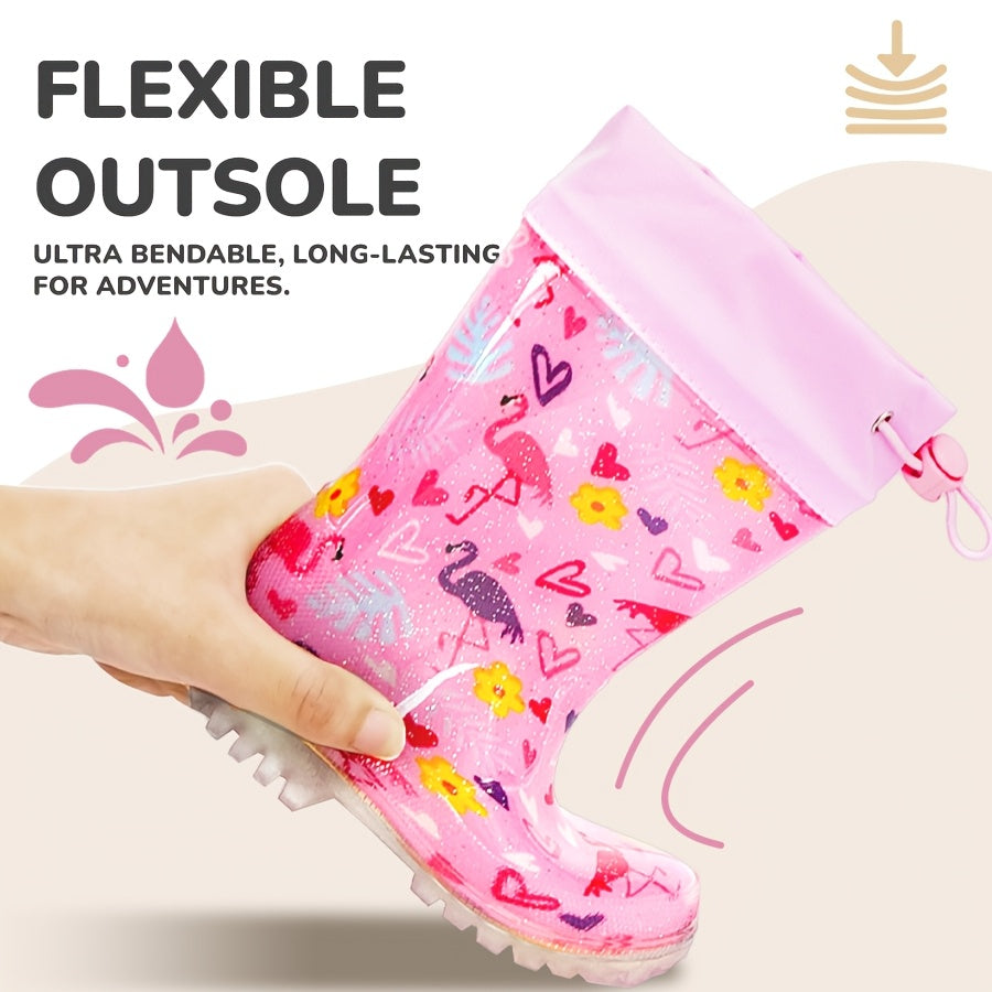 Pink Flamingo Rain Boots for Kids with Drawstring Cuffs, Soft Easy-Clean Design for Rainy-Day Outings, Toddler, Little Kid & Big Kid Sizes