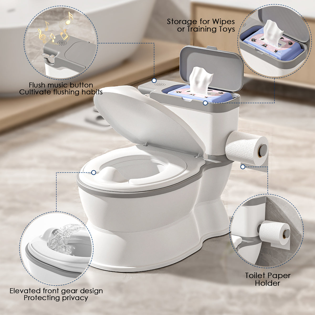 Kids Potty Chair with Flush Sound and Removable Training Seat, Toddler Toilet with Wipes Storage and Toilet Paper Holder for Boys and Girls, Grey