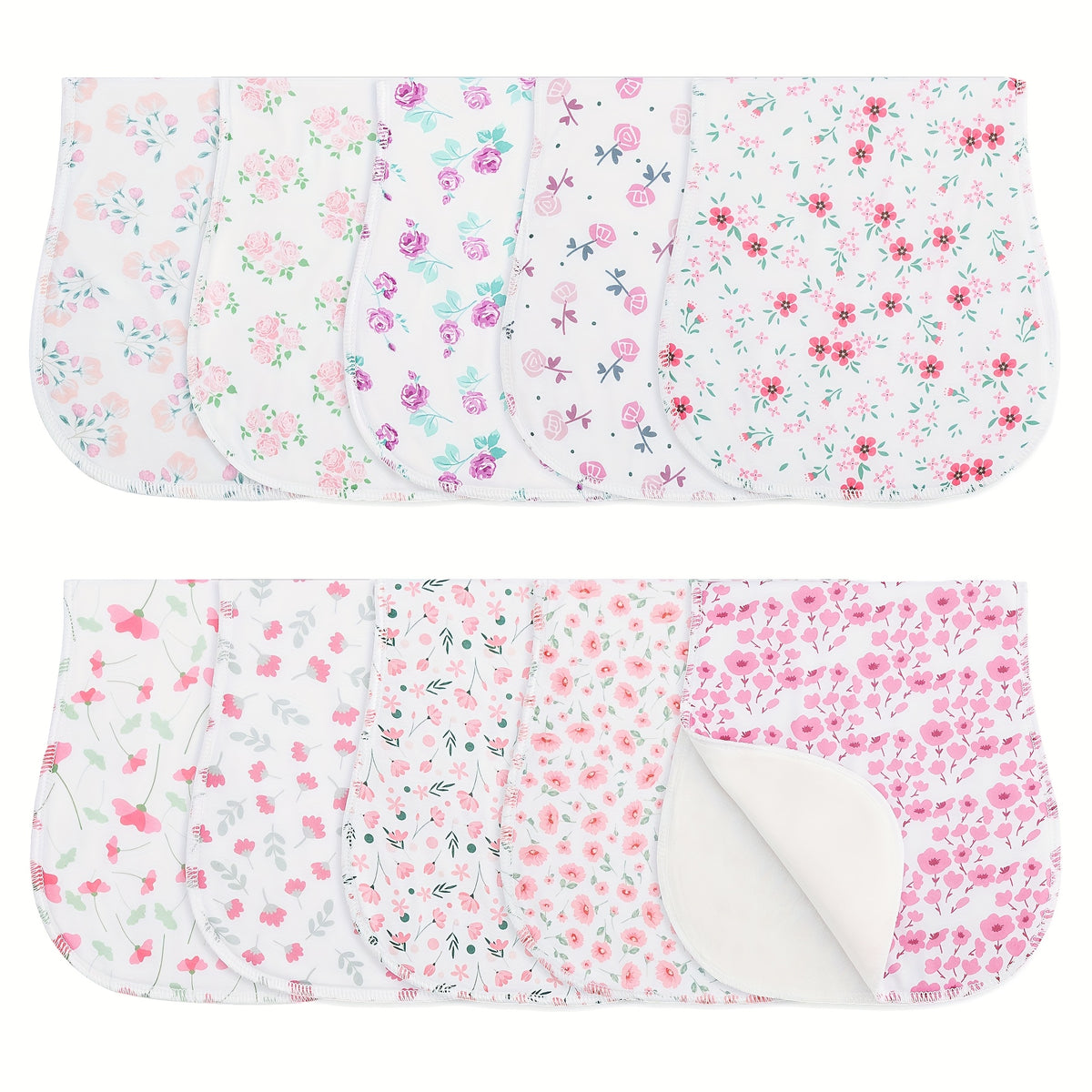 Printed Newborn Burp Cloths, 10-Piece Machine Washable Baby Washcloth and Burp Rag Set with Floral, Butterfly and Fox Style Options for Feeding