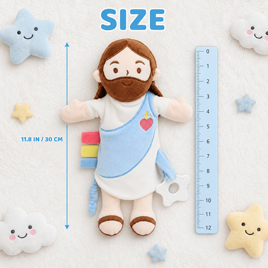 Baby Lovey with Teether, Jesus-Themed Soft Minky Velour Security Blanket with Crinkle Tags & Bell – Soothing Comfort Toy for Baby Shower, Baptism & Birthday Gifts, Girl & Boy Friendly