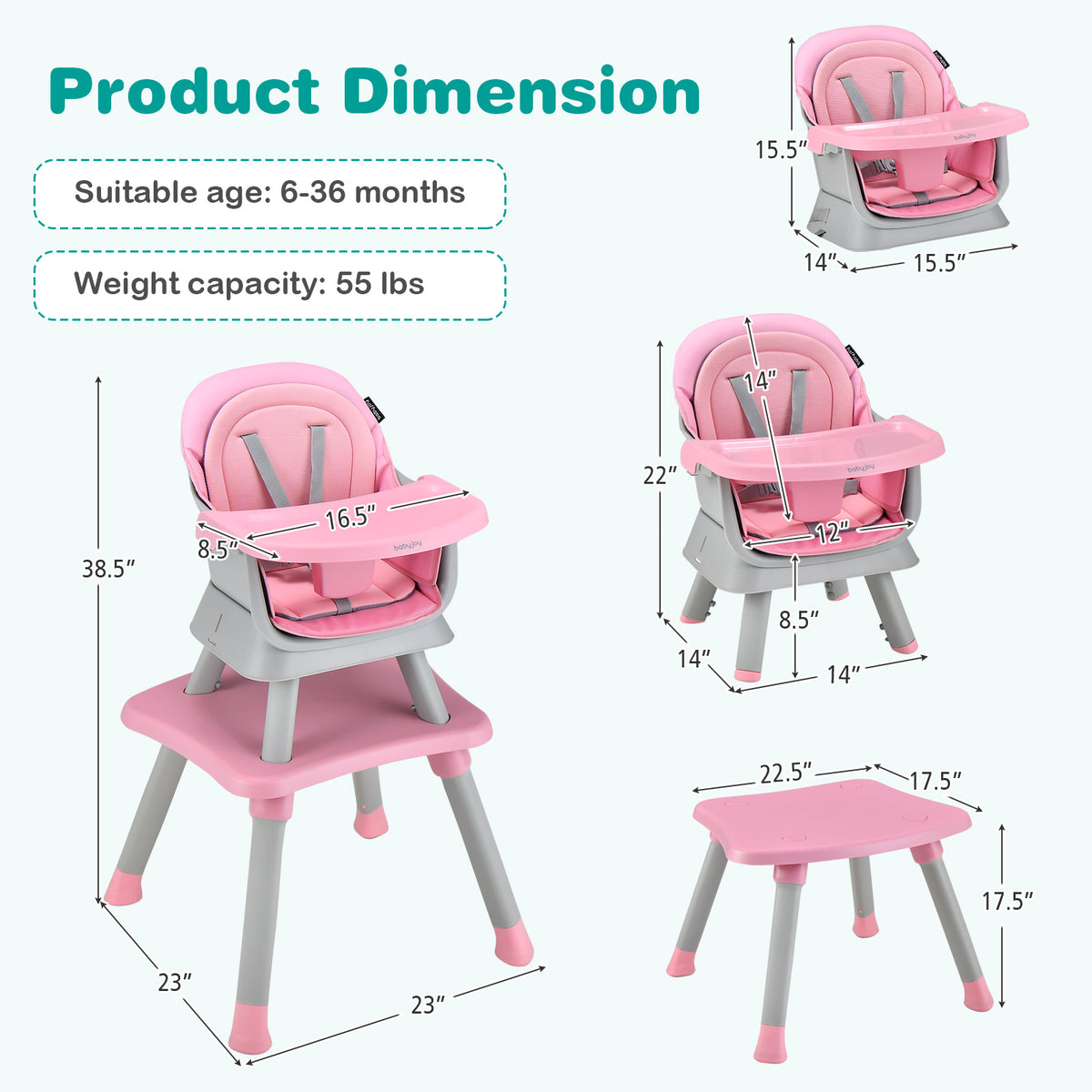 8-in-1 Baby High Chair with Activity Table, BABYJOY Convertible Feeding Seat with Removable Tray, Booster Mode and 5-Point Harness for Ages 6 Months to 6 Years