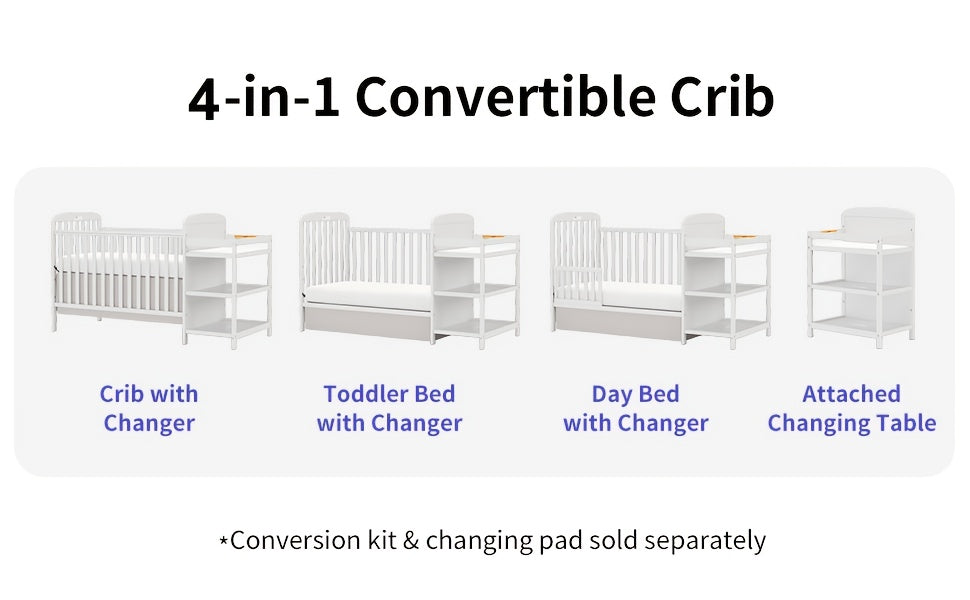 Baby Crib with Changing Table, Goldzone 4-in-1 Convertible Wooden Nursery Crib with Four Mattress Heights, Two Storage Shelves and Toddler Bed Conversion, White