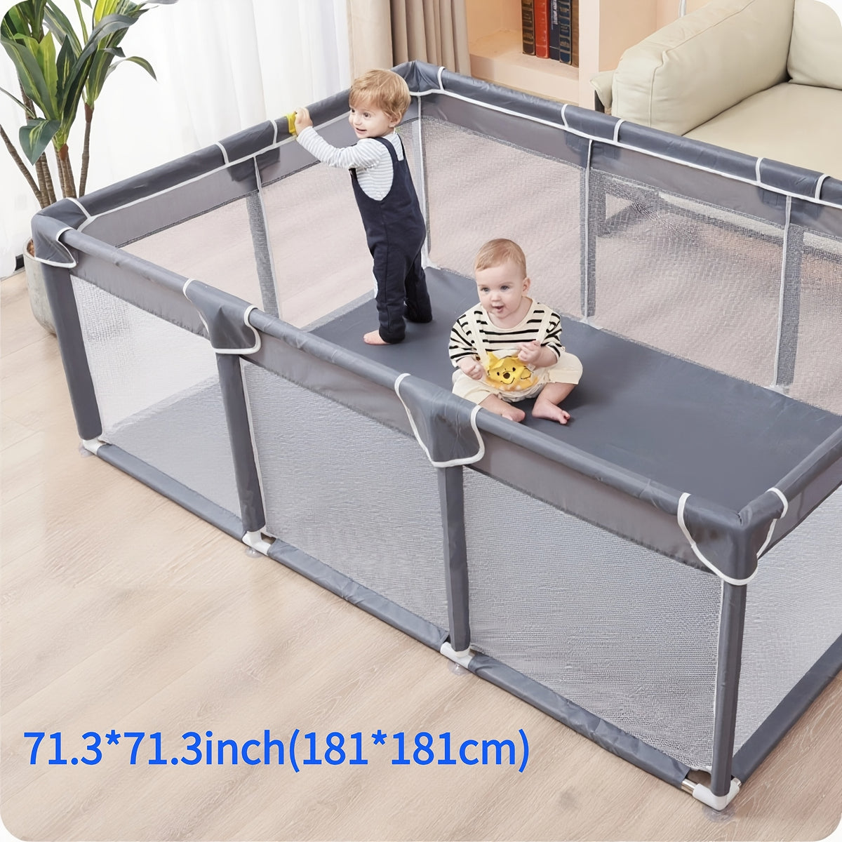 Baby Playpen Fence with Soft Breathable Mesh, Indoor Outdoor Kids Activity Enclosure in Gray or Beige with Size and Mat Bundle Options