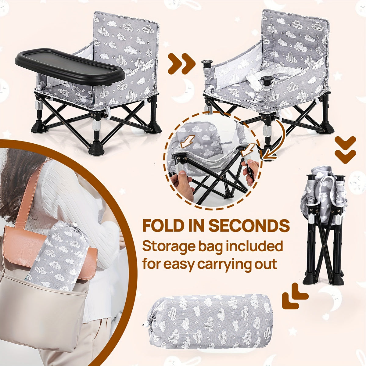 Baby Travel Dining Chair with Tray, Portable Folding Feeding Seat with Kitchen Chair Attachment Straps for Indoor Meals and Outdoor Outings