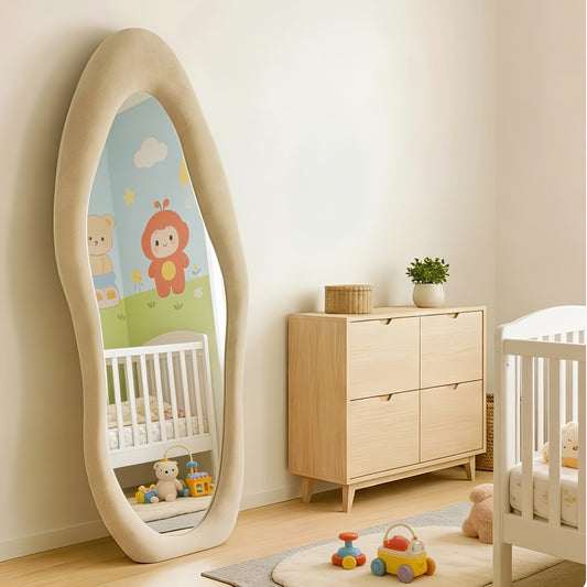 Full Length Mirror with Irregular Velvet Frame and Rounded Corners, Decorative Floor Mirror for Kids Room or Nursery in Six Colors