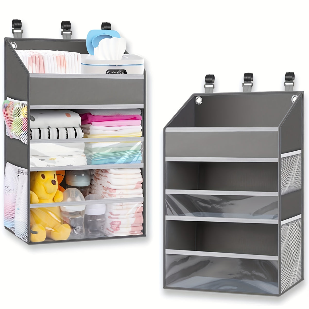 Gray Hanging Diaper Storage Caddy with Multiple Pockets, Nursery Organizer for Changing Supplies and Baby Essentials Beside a Changing Table