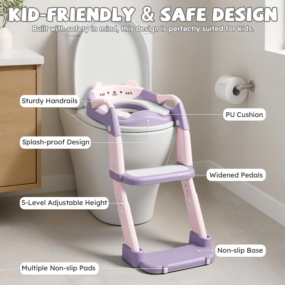 Height Adjustable 3-in-1 Potty Training Chair, Toilet Seat and Step Stool for Toddlers, Foldable Kids Potty with Splash Guard and Anti-Slip Steps for Boys and Girls