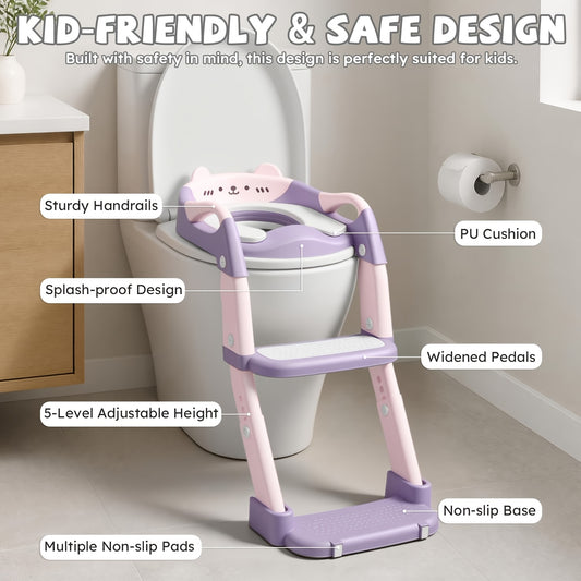 Height Adjustable 3-in-1 Potty Training Chair, Toilet Seat and Step Stool for Toddlers, Foldable Kids Potty with Splash Guard and Anti-Slip Steps for Boys and Girls