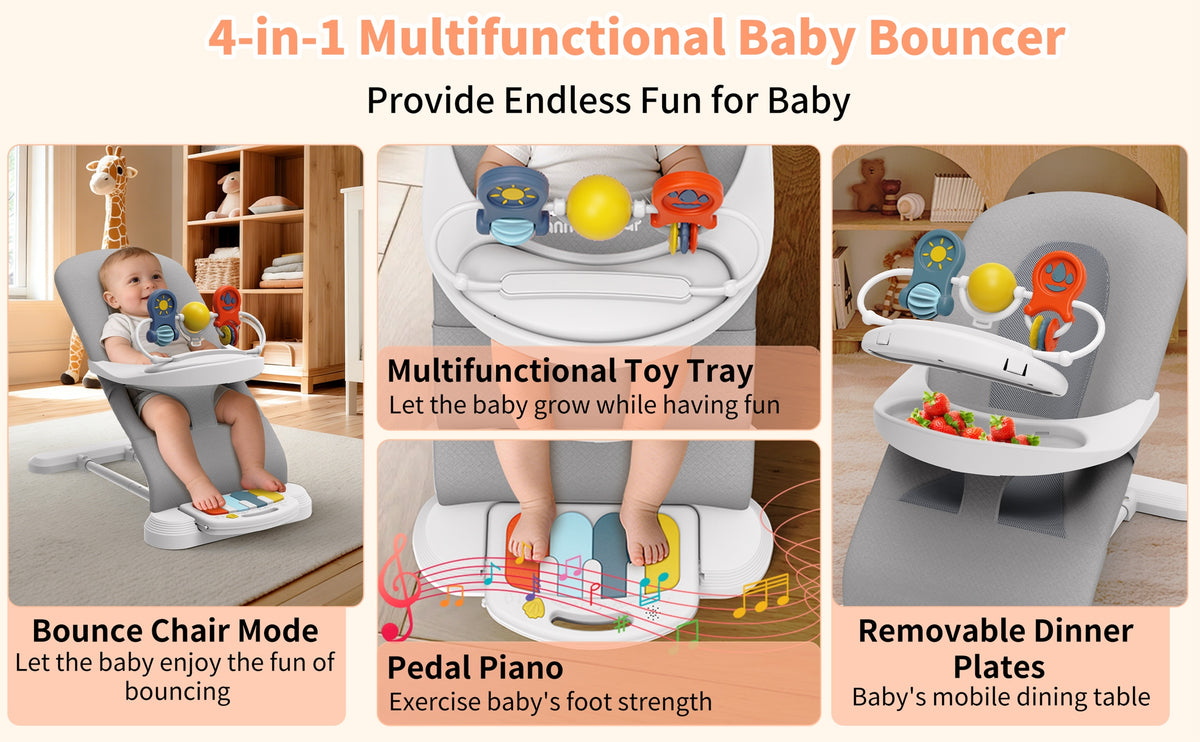 Piano Baby Bouncer and Rocker, 3-in-1 Portable Seat with Detachable Keyboard, Feeding Tray, Play Bar and Three Adjustable Incline Positions