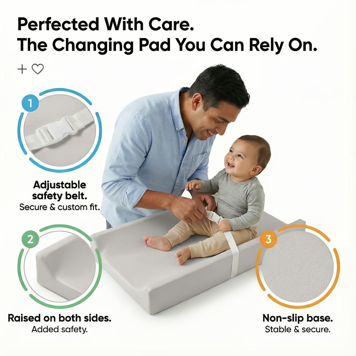 PASAMIC Secure Grip Baby Diaper Changing Pad for Dresser, Waterproof & Wipeable Contoured Design ā Standard Size 15.74" x 31.1", Easy-Clean Changing Mat in Grey, Pink & Beige