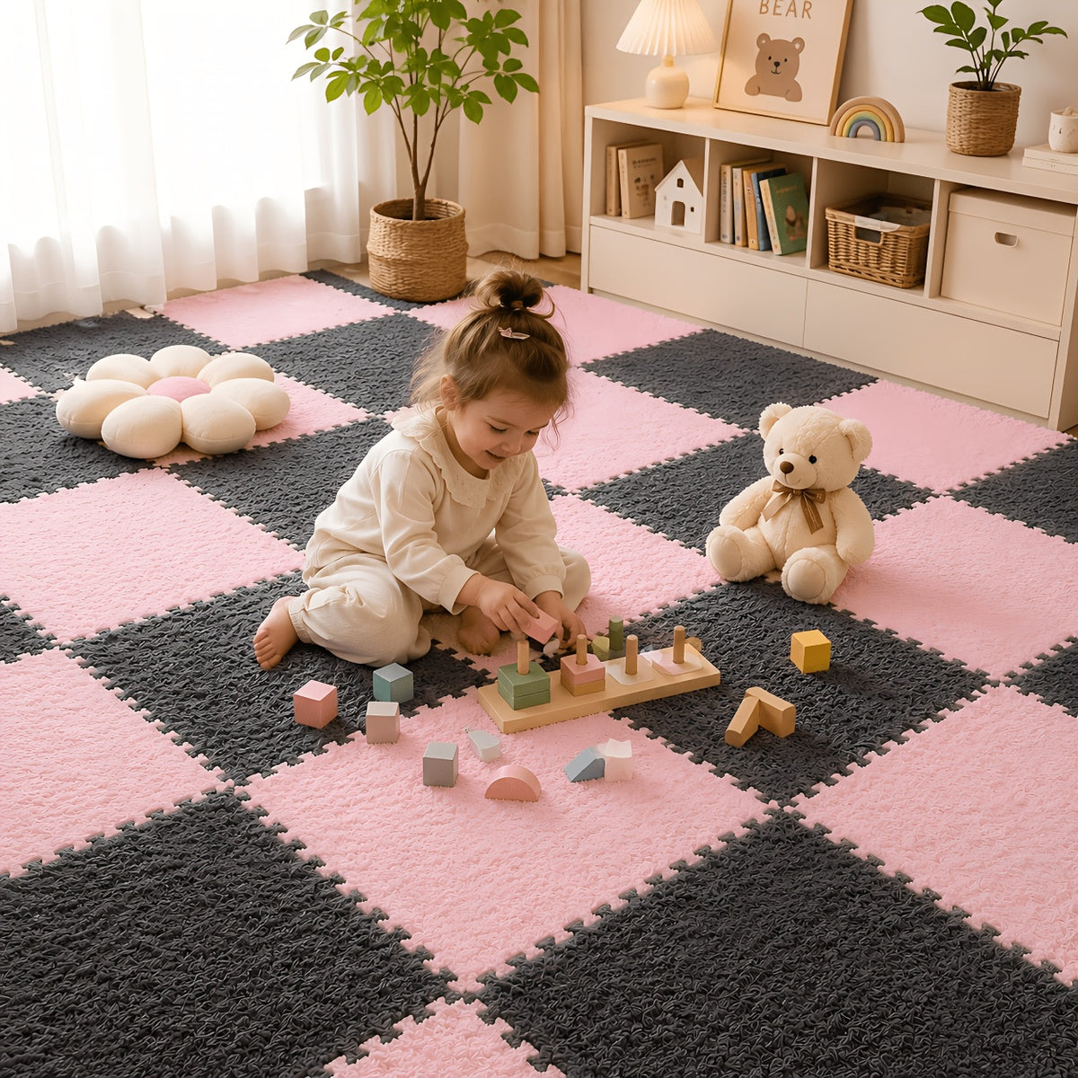 Interlocking Foam Puzzle Floor Mat Set, 20 Soft Plush Baby Tiles with 20 Edge Trims for Crawling, Nursery Play Areas, Bedrooms and Living Rooms