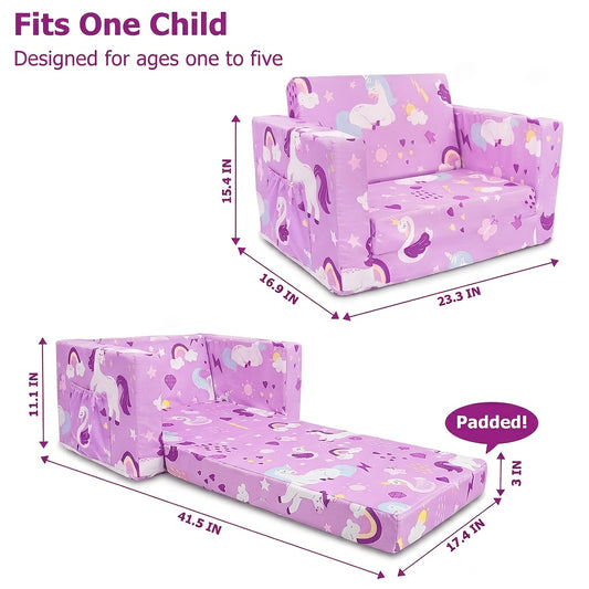 Fold-Out Toddler Couch in Purple Unicorn Design, 2-in-1 Soft Kids Sofa and Lounger for Reading, Playtime and Supervised Relaxing in a Bedroom or Playroom
