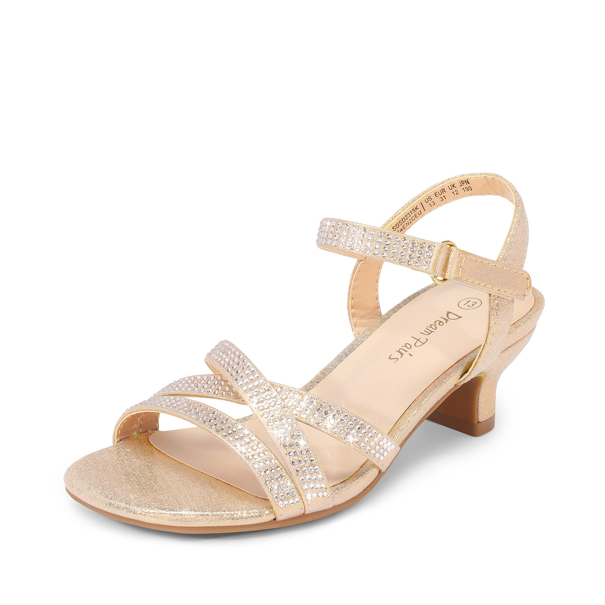 Floral Girls Low Heel Sandals with Open Toe Design, Dress Shoes for Little and Big Kids in Gold, Rose Gold, Silver or White for Weddings and Parties