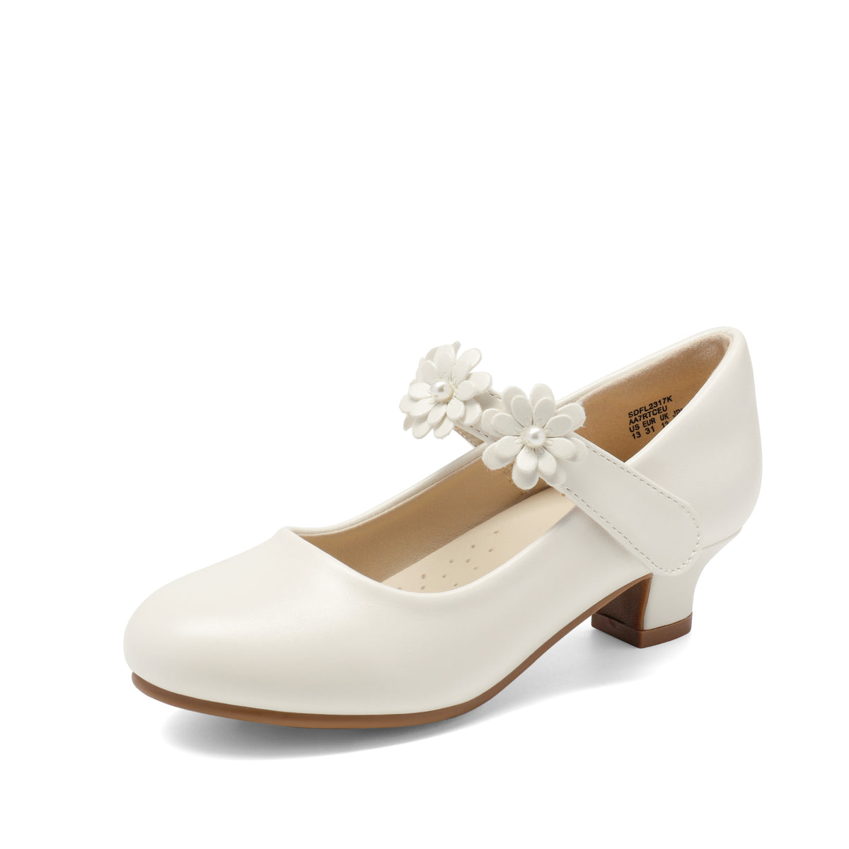 Flower Strap Mary Jane Shoes for Girls with Round Toe and Low Heel, Dressy Party and Wedding Footwear in Black, Golden, Ivory White or White for Little and Big Kids