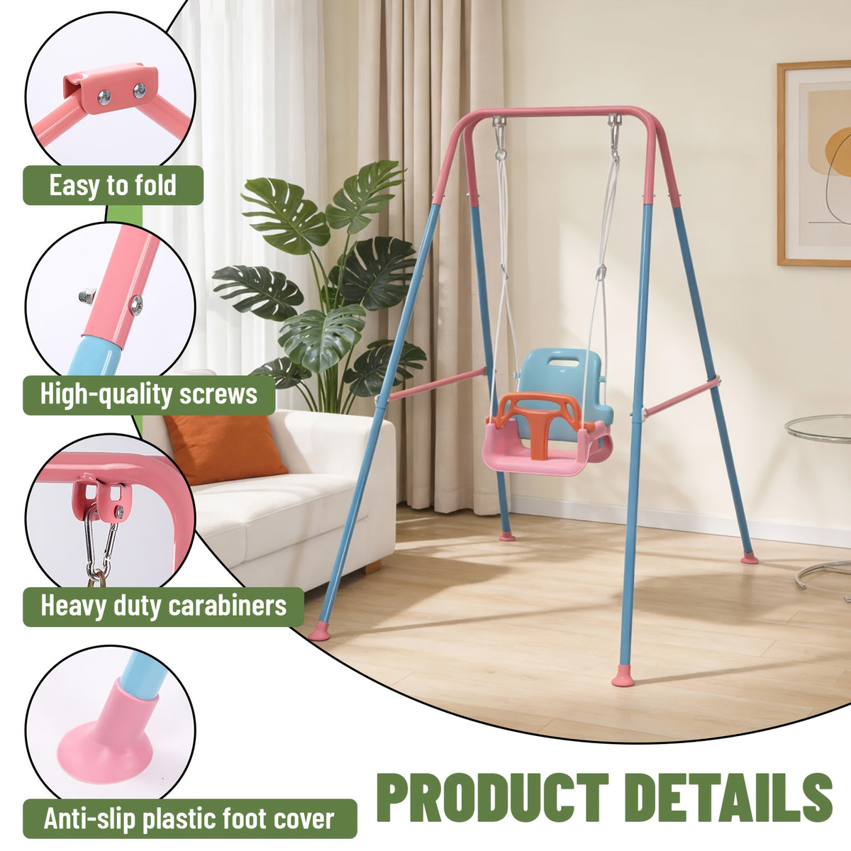 Foldable 3-in-1 Child Swing Set with Metal Stand, Detachable Seat for Ages 6 Months to 10 Years, Indoor or Outdoor Use and Compact Storage