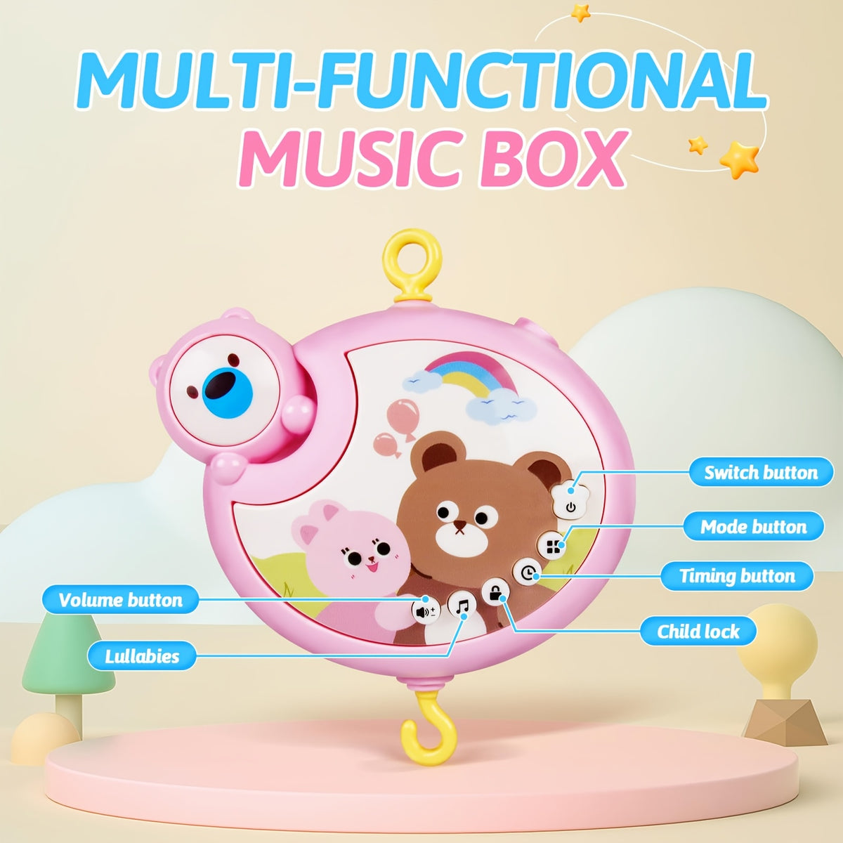 Musical Crib Mobile with Projection and Lights, Pink Hanging Nursery Mobile for Baby Cribs and Bassinets, Soothing Visual and Sound Features for Infants