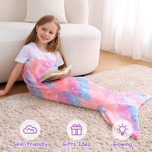Mermaid Tail Blanket for Girls, Soft Polyester Knit Fish Tail Throw with Colorful Tie-Dye Unicorn-Inspired Design for Cozy Reading and Gift Giving