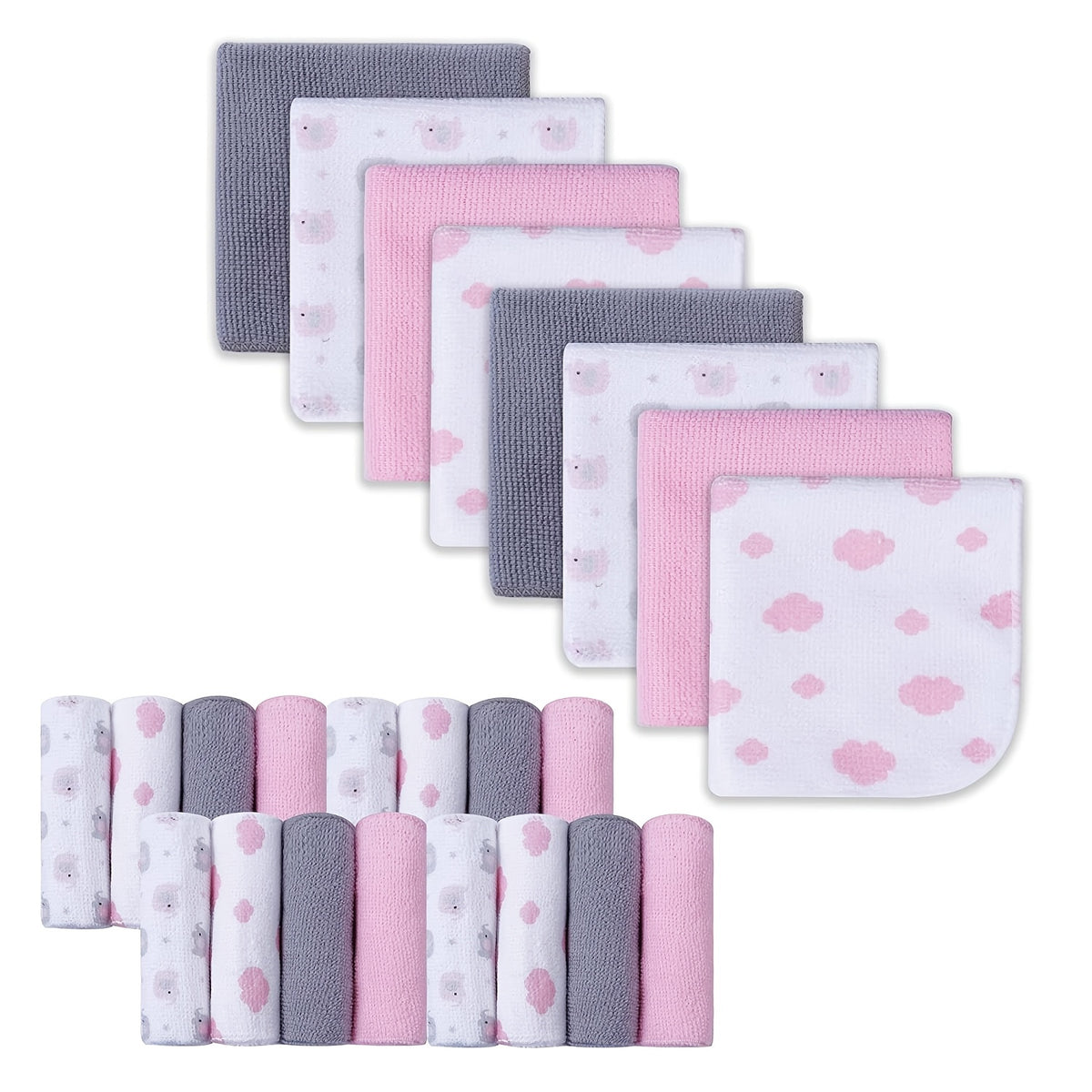 Soft Baby Washcloths 24-Pack, 9 x 9 Inch Absorbent Face and Body Bath Cloths with Whale, Elephant and Dinosaur Style Options for Everyday Care