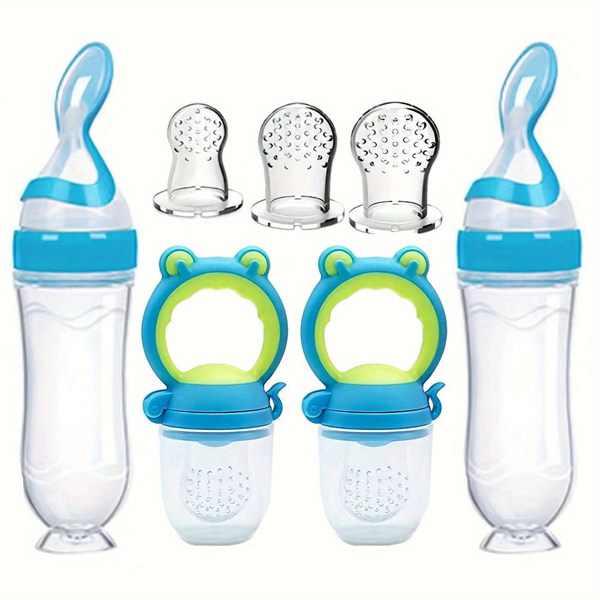 Baby Food Feeder Set, 7-Piece Silicone Squeeze Spoon Bottles and Fresh Fruit Feeders with Three Nipple Sizes for Everyday Complementary Feeding