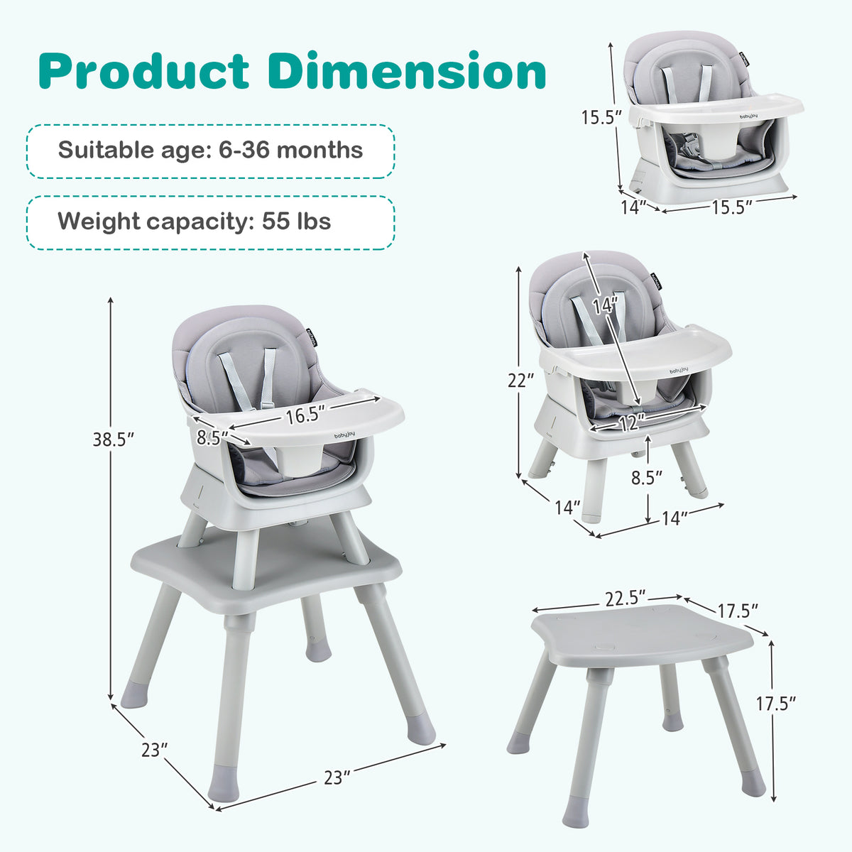 8-in-1 Baby High Chair with Activity Table, BABYJOY Convertible Feeding Seat with Removable Tray, Booster Mode and 5-Point Harness for Ages 6 Months to 6 Years