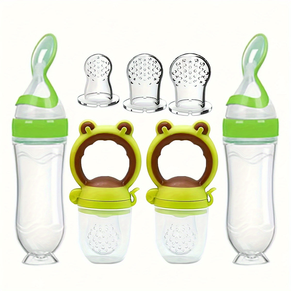 Baby Food Feeder Set, 7-Piece Silicone Squeeze Spoon Bottles and Fresh Fruit Feeders with Three Nipple Sizes for Everyday Complementary Feeding