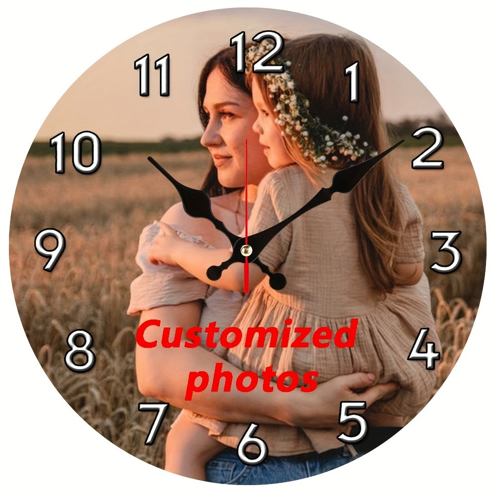 Personalized Nursery Photo Wall Clock with Silent Non-Ticking Design, Round 12-Inch Custom Picture Display and Wood Frame for Baby Room Decor